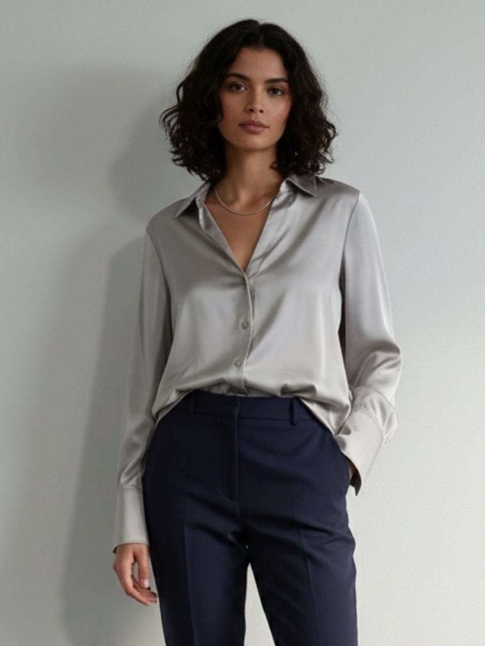 H&M Women’s Silver Gray Satin Button Down V-Neck Shirt